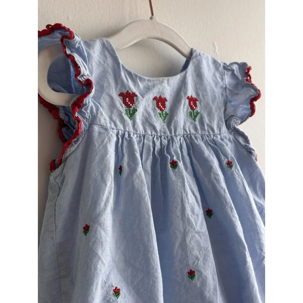 100% Cotton 24M Blue Floral Embroidered Romper Woven Sleeveless Ruffle Button